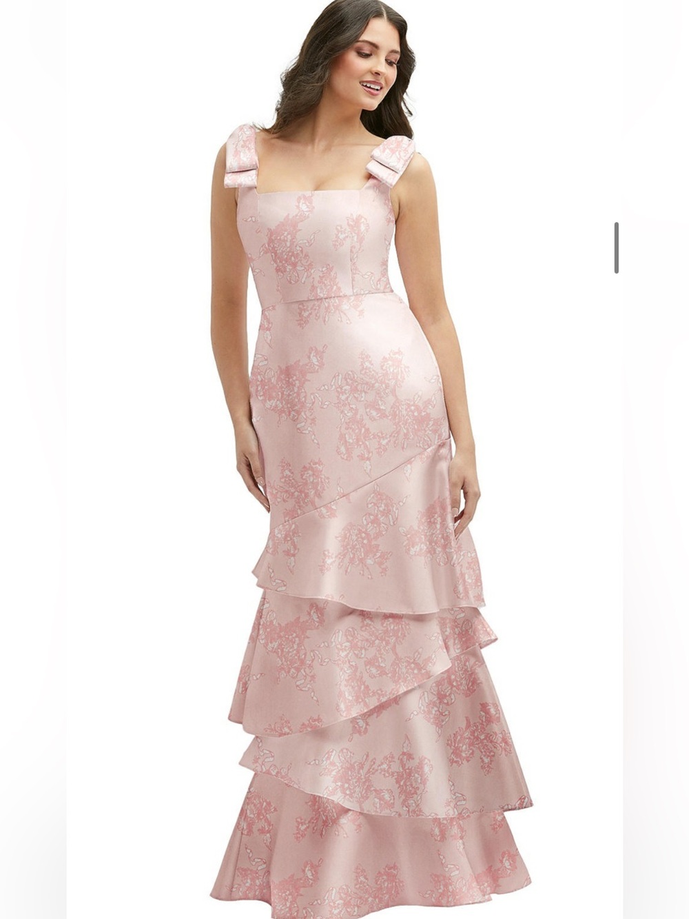 Blush Pink Tiered Jacquard Satin Maxi Dress with Shoulder Bows